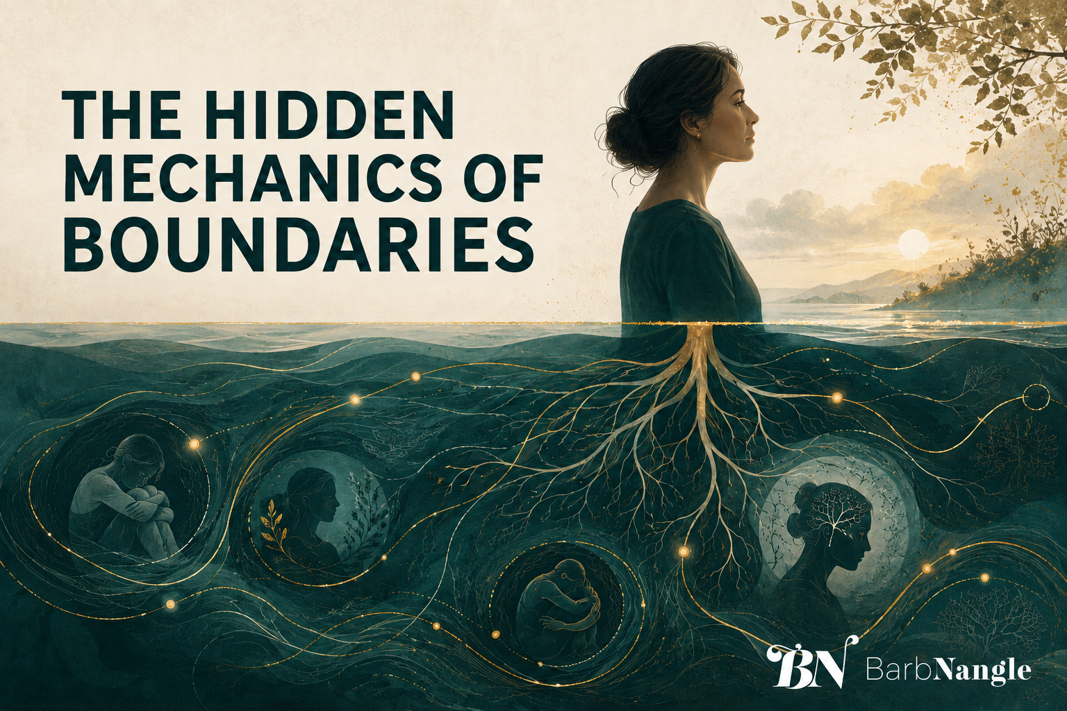 Illustration titled “The Hidden Mechanics of Boundaries” showing a woman above water with roots extending beneath the surface into scenes of emotional struggle, symbolizing the unseen patterns that shape boundaries. Barb Nangle logo appears at bottom right.