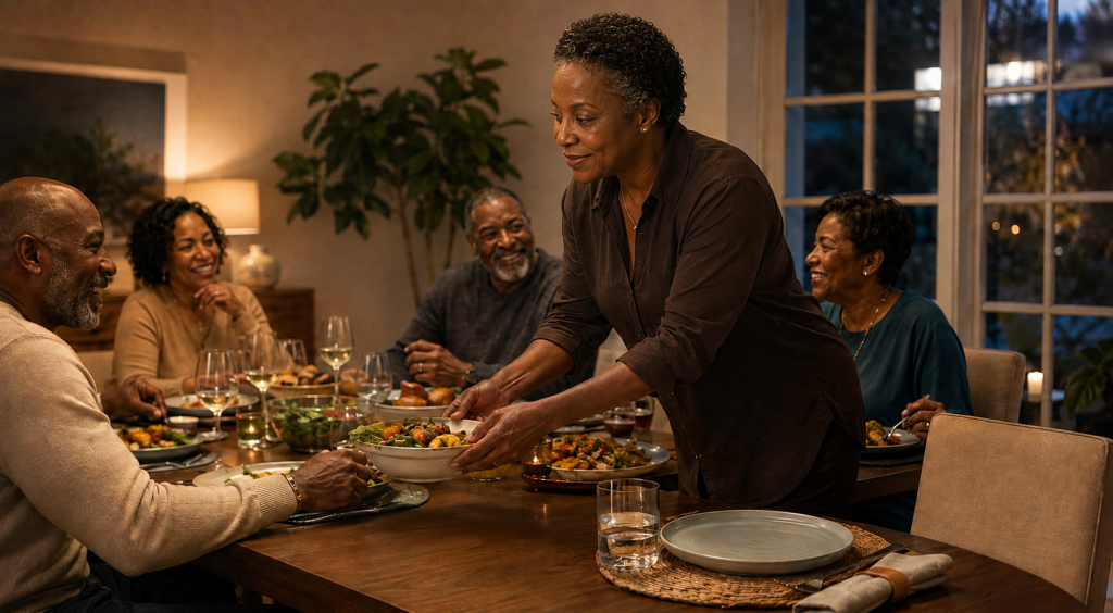 A dark skinned woman in her late 50s serves food to others at a dining table while her own place setting remains empty and untouched.
